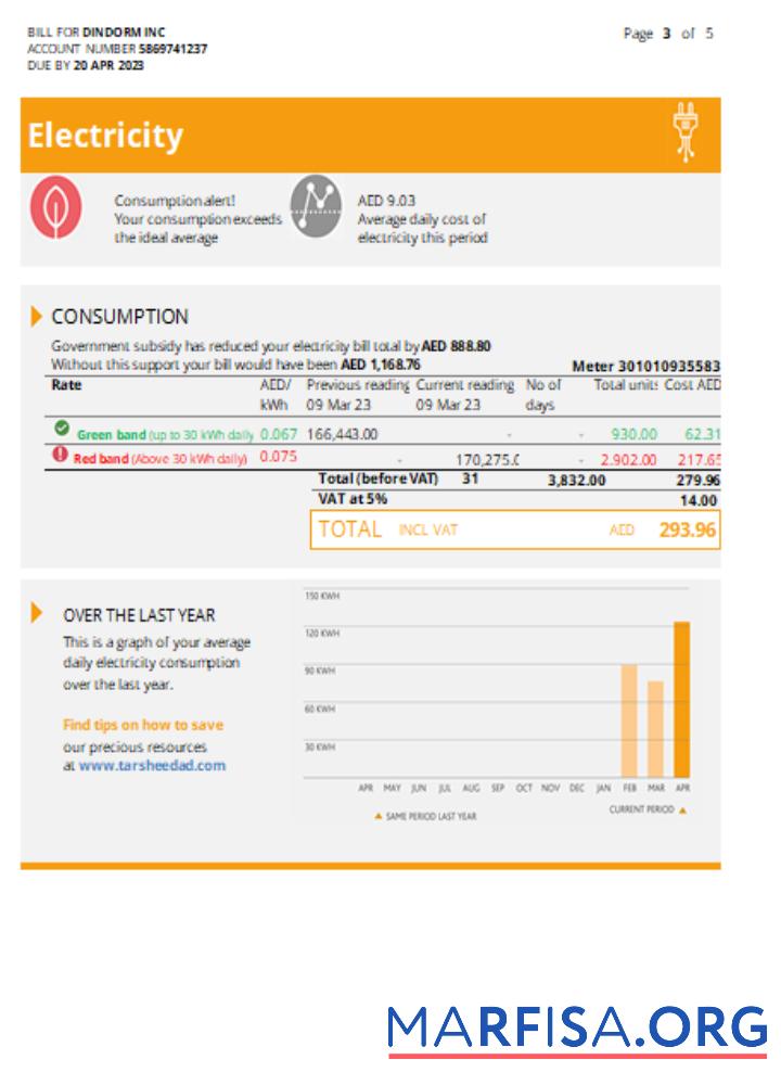 Blank Al Ain Distribution Company utility business bill, page 3, SCR real example